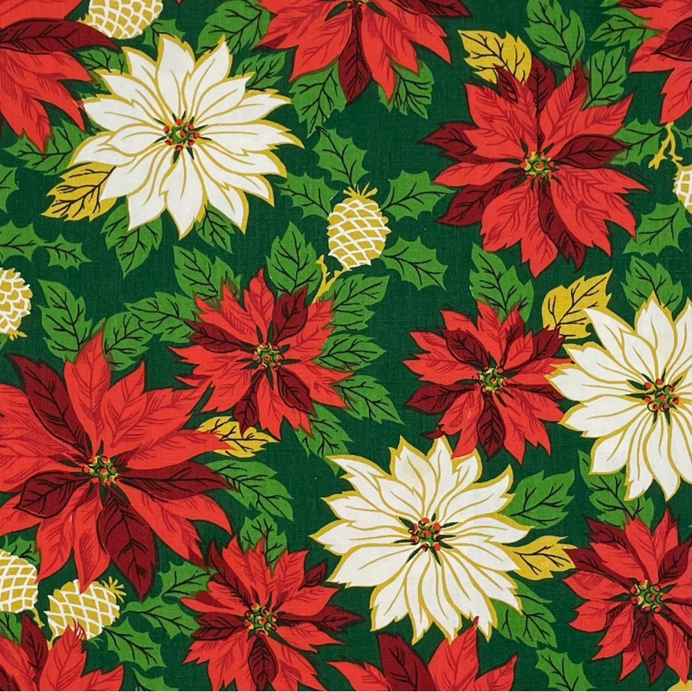 Vintage Christmas Tablecloth‎ Floral Poinsettia Pinecones Full Color Rectangular